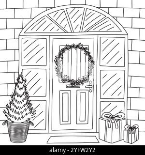 Porta d'ingresso di Natale con disegno vettoriale della corona Illustrazione Vettoriale