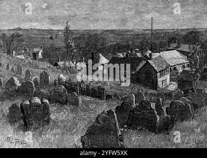 The Burying Hill, Plymouth, Massachusetts, dell'illustratore americano William Ladd Taylor. Da un diario di viaggio degli Stati Uniti d'America del XIX secolo, pubblicato nel 1891, questa è una fotografia di una serie di incisioni (molte di Edward Whymper) utilizzate per illustrare aspetti della storia sociale, dell'architettura, della topografia e della geografia degli Stati Uniti. Foto Stock