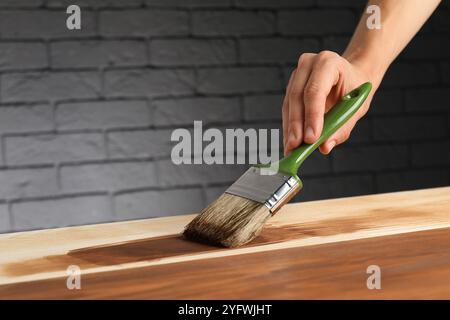 Donna con spazzola che applica macchia di legno di noce su una superficie di legno, primo piano Foto Stock