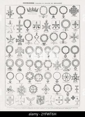 Vecchia illustrazione sulle corone (collane e insegne di cavaliere) stampata alla fine del XIX secolo in un dizionario francese. Foto Stock