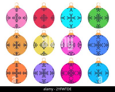 Set di icone delle palle di Natale. Decorazioni natalizie, ogni ornamento è decorato con motivi a fiocchi di neve. Palle d'albero di Natale. Design natalizio per involucri, Illustrazione Vettoriale