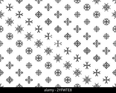 Fiocchi di neve motivo senza cuciture. Silhouette nere di fiocchi di neve su sfondo bianco. Fiocchi di neve geometrici di diverse forme per carta da parati, involucri a Illustrazione Vettoriale