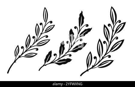 Ramo di alloro con foglie di alloro e frutti di bosco. Set di elementi decorativi con motivo floreale Illustrazione Vettoriale