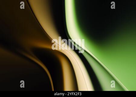 Illustrazione di uno sfondo astratto con forme ondulate e texture verde oro 3D. Foto Stock