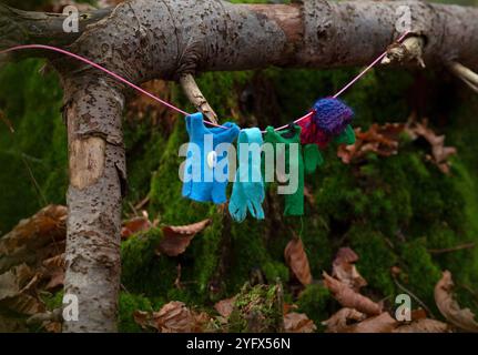 Una stravagante mostra di minuscoli vestiti colorati appesi su una linea in un ambiente forestale, creando l'illusione di un bucato da fata o da gnomi. La miniatura Foto Stock