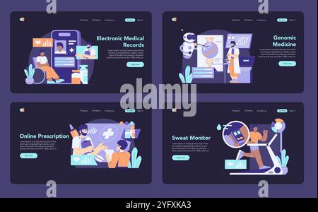 Set HealthTech. Tecnologia digitale per l'assistenza sanitaria con cartelle cliniche elettroniche, medicina genomica, prescrizione online e monitor per sudore indossabili. Illustrazione vettoriale. Illustrazione Vettoriale