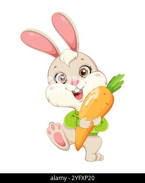 Carino personaggio dei cartoni animati di Rabbit. Buffo coniglietto con la carota grande. Buon Natale e felice anno nuovo, anno del Coniglio. Illustrazione del vettore stock su wh Illustrazione Vettoriale