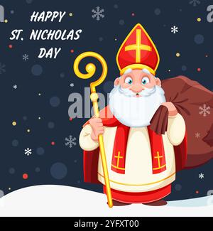 Carino San Nicola o Sinterklaas. Biglietto di auguri per il giorno di San Nicola. Carino personaggio dei cartoni animati. Illustrazione vettoriale stock Illustrazione Vettoriale