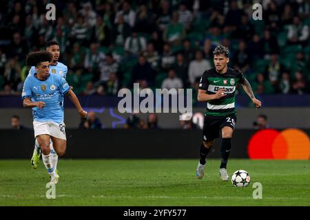 Portogallo. 5 novembre 2024. Maxi Araujo dello Sporting CP durante la fase MD4 della UEFA Champions League 2024/25 tra lo Sporting Clube de Portugal e il Manchester City all'Estadio Jose Alvalade il 5 novembre 2024 a Lisbona, Portogallo. UEFA Champions League - Sporting CP vs Manchester City (Valter Gouveia/SPP) credito: SPP Sport Press Photo. /Alamy Live News Foto Stock