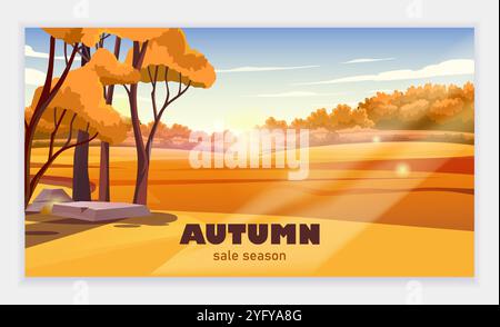 Banner di vendita orizzontale autunnale. Sconti e promozioni. Giorno della stagione autunnale. Colline e prato vicino all'albero. Offerta speciale limitata. Illustrazione vettoriale piatta Illustrazione Vettoriale