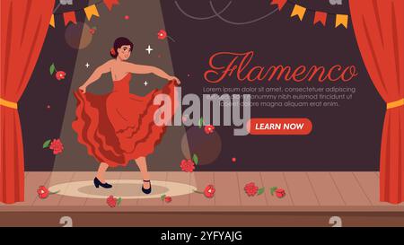 Poster delle esibizioni di flamenco. Donna in abito rosso che balla sul palco e sulla scena. Tradizioni e cultura spagnole. Vacanze e festival. Pagina Web di destinazione Illustrazione Vettoriale