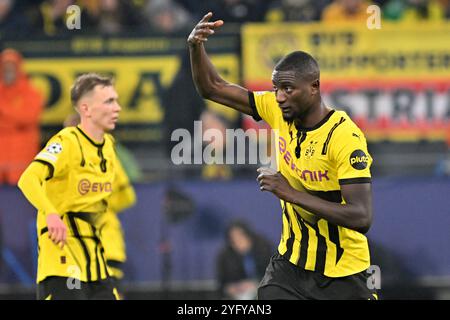 Dortmund, Germania. 5 novembre 2024. Calcio, Champions League, Borussia Dortmund - Sturm Graz, turno preliminare, partita 4, Signal Iduna Park, Serhou Guirassy di Dortmund reagisce. Crediti: Bernd Thissen/dpa/Alamy Live News Foto Stock