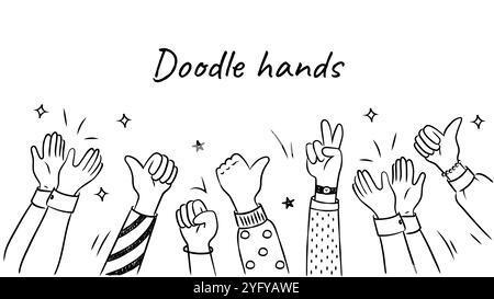 Doodle con le mani fissate. La gente alza le mani e mostra i pollici in alto. Espressione ed emozioni, sentimenti. Braccia e palme. Illustrazione vettoriale lineare Illustrazione Vettoriale