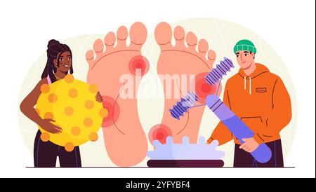 Ortopedico con piede. Donna e uomo con attrezzature ortopediche vicino ai tacchi enormi. Correzione dei piedi piatti. Diagnosi e trattamento. Vettore piatto Illustrazione Vettoriale