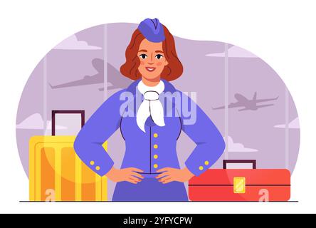 Hostess in aeroporto. Donna in uniforme con valigia rossa e gialla. Aerei e aerei. Equipaggio di aerei. Operaio della compagnia aerea. Viaggi e turismo, voli Illustrazione Vettoriale
