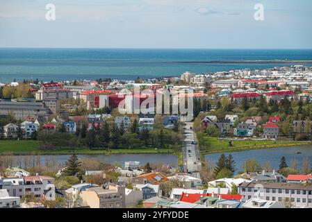 Ammira la città di Reykjavik in Islanda dalla torre della chiesa di Hallgrimskirkja Foto Stock