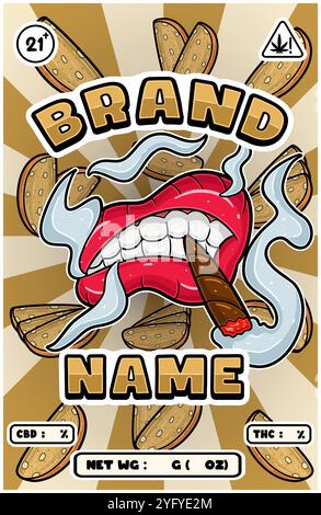 Bocca per fumare cartoni animati con ceppi di biscotti e Smoke for Cannabis e Tobacco Packaging Design. Illustrazioni dei vettori Illustrazione Vettoriale