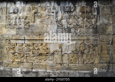 Sculture a bassorilievo sulla parete incassate a piedi di Borobudur, Indonesia Foto Stock