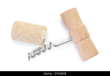 Cavatappi con manico in legno e sughero isolato su bianco, vista dall'alto Foto Stock