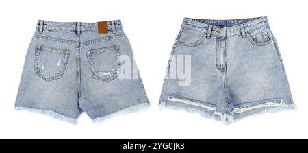 Pantaloncini Jean isolati sul bianco, sul retro e sul davanti Foto Stock