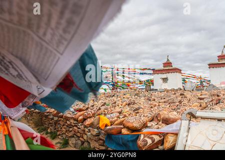 SHIGATSE, TIBET, CINA - 2 AGOSTO 2022: Ciottoli del lago sacro Manasarovar con geroglifici e mantra buddista principale Om mani Padme Hum , che può Foto Stock