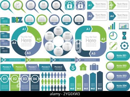 Infografiche, tag e icone aziendali impostate su sfondo bianco. Illustrazione vettoriale. Illustrazione Vettoriale