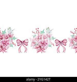 Acquerello natalizio bordo senza cuciture - bouquet di fiori di punta rossa con fiocco, composizioni con foglie verdi di agrifoglio e mignolo, bacche rosse Illustrazione Vettoriale