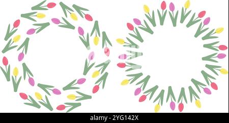 Le cornici tonde dei tulipani coloratissimi si abbinano a tonalità primaverili alla moda. Informazioni sul set di 2 modelli di saluto. Copyspace. Illustrazione vettoriale isolata schede tematiche, poster, banner, etichette, supporti o promozioni Web Illustrazione Vettoriale