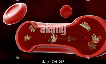 rendering 3d della sezione trasversale di un vaso sanguigno, che mostra i componenti complessi del sangue. Foto Stock