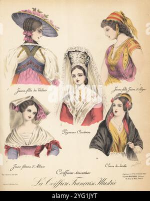 Acconciature eleganti da donna. Giovane donna svizzera del Vallese 1, ragazza ebrea di Algeri 2, ragazza di Caux in alto cappello in pizzo 3, ragazza albanese in copricapo piegato 4, e donna andalusa di Siviglia 4. Viaggi Coiffures: Jeune fille de Vallais, Jeune fille Juive d'Alger, Paysanne Cauchoise, Jeune fille d'Albano, Curra de Seville. Cromolitografia di Westfield da la Coiffure francese Illustrée, rivista di parrucchieri francese a cura di Ulysse Boucoiran, del 33 rue de mail, Parigi, febbraio 1923. Foto Stock