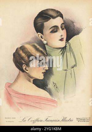 Due donne alla moda con acconciature maschili corti. Donna in abito verde con taglio dritto corto e modello in abito di salmone con corpetto ondulato. Cromolitografia di Geo da la Coiffure francese Illustrée, rivista di parrucchieri francese a cura di Ulysse Boucoiran, del 33 rue de mail, Parigi, agosto 1926. Foto Stock