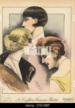 Donne alla moda con acconciature corte per la sera, 1926. Modello in cordoncino con onde Marcel all'orecchio 1, donna bionda in cordoncino con onde e ricci sotto il pettine per capelli Art Deco 2 e modello con capelli rossi corti racchiusi in ricci 3. Cromolitografia di Geo da la Coiffure francese Illustrée, rivista di parrucchieri francese a cura di Ulysse Boucoiran, del 33 rue de mail, Parigi, Mary, 1926. Foto Stock