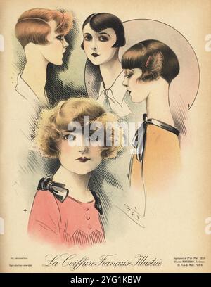 Acconciature alla moda per ragazze, Parigi, 1926. Ragazze in corti corti ondulati con frange ricci. Cromolitografia di Geo da la Coiffure francese Illustrée, rivista di parrucchieri francese a cura di Ulysse Boucoiran, del 33 rue de mail, Parigi, maggio 1926. Foto Stock