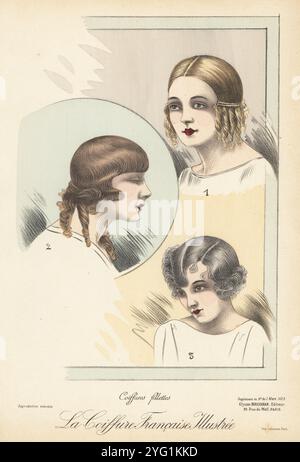 Acconciature alla moda per ragazze, Parigi, 1925. Giovane donna con i capelli lasciati cadere in boccoli dall'orecchio 1, cordone ondulato con boccoli 2 e cordone corto con riccioli crespi 3. Raccordi Coiffures. Chromolithograph from la Coiffure Francesca Illustrée, rivista francese di parrucchieri a cura di Ulysse Boucoiran, del 33 rue de mail, Parigi, marzo 1925. Foto Stock