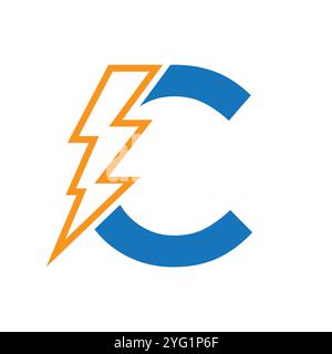 Lettera C per la combinazione di logo elettrico con l'icona Lightning Thunder Bolt. Design Power Logo Illustrazione Vettoriale