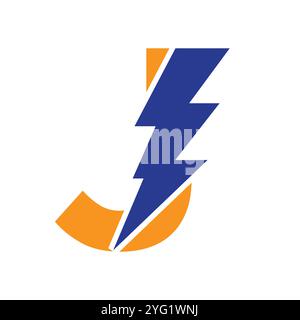 Lettera J per la combinazione di logo elettrico con l'icona Lightning Thunder Bolt. Design Power Logo Illustrazione Vettoriale