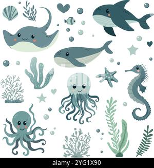 Collezione di illustrazioni vettoriali in stile scandinavo per bambini. Delfino d'Orca delfino granchio meduse pesci polpo squalo tartaruga cavalluccio marino gamberi Illustrazione Vettoriale