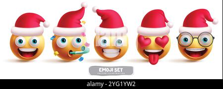 Emoji babbo natale personaggi vettoriali. Emoji emoticon di babbo natale con costume da cappello rosso con viso felice, sorridente, inLove e nerd Illustrazione Vettoriale