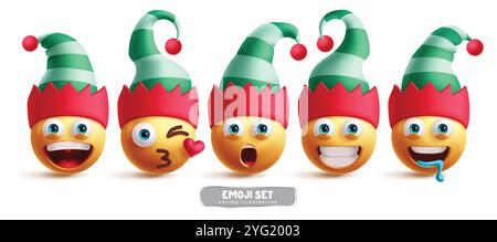 Set vettoriale di personaggi natalizi dell'elfo emoji. Emoticon emoji natalizie in felice, bacio, shock, sorriso carino ed espressioni facciali affamate che indossano verde e rosso Illustrazione Vettoriale