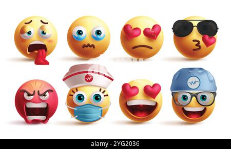 Set di vettori per i caratteri emoticon delle emoji. Emoticon 3d come stanco, pianto, cuore spezzato, bacio volante, pazza, infermiera, innamorati e medico facciale Illustrazione Vettoriale