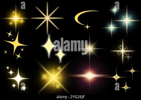 Set di stelle scintillanti. Effetto bagliore. Concetto natalizio. Luci festive. Immagine PNG riflesso dell'obiettivo Foto Stock