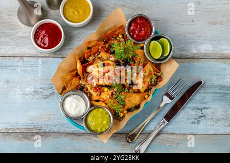 Tradizionale cibo messicano nachos con salse varie su tavolo di legno Foto Stock