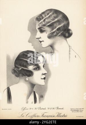 Acconciature alla moda di Dutrait e Bonnot, Parigi, 1925. Modello in cordoncino ondulato con chignon a nape 1 e modello in cordoncino ondulato con diadem Art Deco 2. Coiffures M Dutrait 1 M Bonnot 2. Litografia di Geo da la Coiffure francese Illustrée, rivista di parrucchieri francese a cura di Ulysse Boucoiran, del 33 rue de mail, Parigi, luglio 1925. Foto Stock