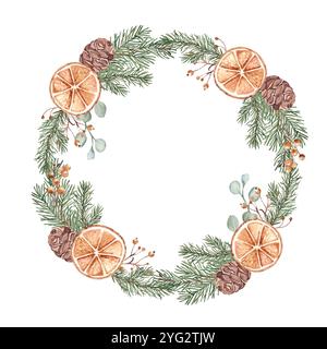 Corona di Natale con piante invernali e fette di arancia secca. Cornice circolare. Illustrazione botanica disegnata a mano di rami di Fir, eucalipto, coni di pino e. Foto Stock