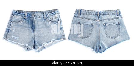 Pantaloncini Jean isolati sul bianco, sul retro e sul davanti Foto Stock