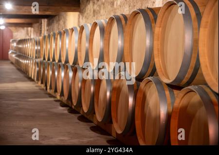 Cantina con botti di rovere francese per l'invecchiamento del vino rosso ottenuto da vitigno Cabernet Sauvignon, vigne Haut-Medoc a Bordeaux, sponda sinistra di G. Foto Stock