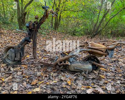 Abbandonata ha scaricato illegalmente una motocicletta bruciata, a Reddish vale, Stockport, Regno Unito Foto Stock