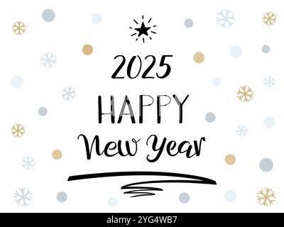 Buon anno nuovo 2025 biglietto di auguri con scritta a mano con tratto di penna e stella sull'albero di Natale. Moderna calligrafia con inchiostro a pennello. Testo nero isolato su bianco W. Illustrazione Vettoriale
