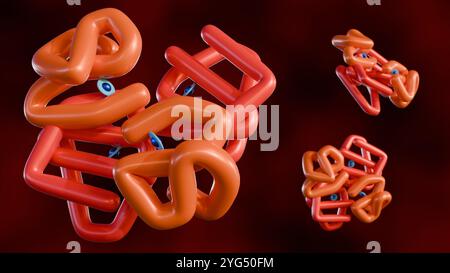la rappresentazione 3d dell'emoglobina è una proteina complessa composta da quattro subunità, ciascuna contenente un gruppo eme con un atomo di ferro al centro. Foto Stock