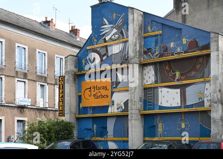 Murales moderni o dipinti murali di cavalli fuori dall'Haras National de Tarbes, una delle 22 fattorie nazionali in Francia, Tarbes, Hautes-Pyrénées Francia Foto Stock